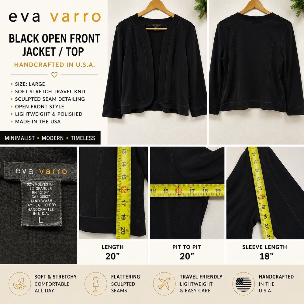 Eva Varro Black Open Front Jacket Top USA Made Size L Minimalist Balero Travel